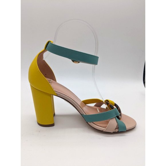 J.Crew Stella Heels with Tortoise Ring Sandals 6 Colorblock Blue/Yellow; - Picture 3 of 11